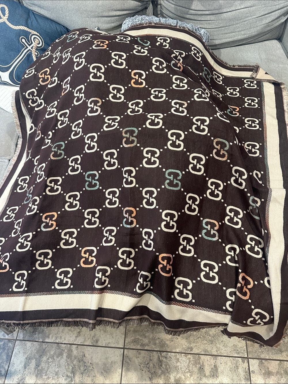 Brown Monogram Throw Blanket with Multicolor Accents